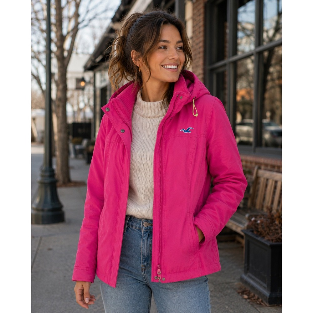 NWT Hollister Hooded Puffer Jacket Women Medium Magenta Fleece Lined Zipper Snap